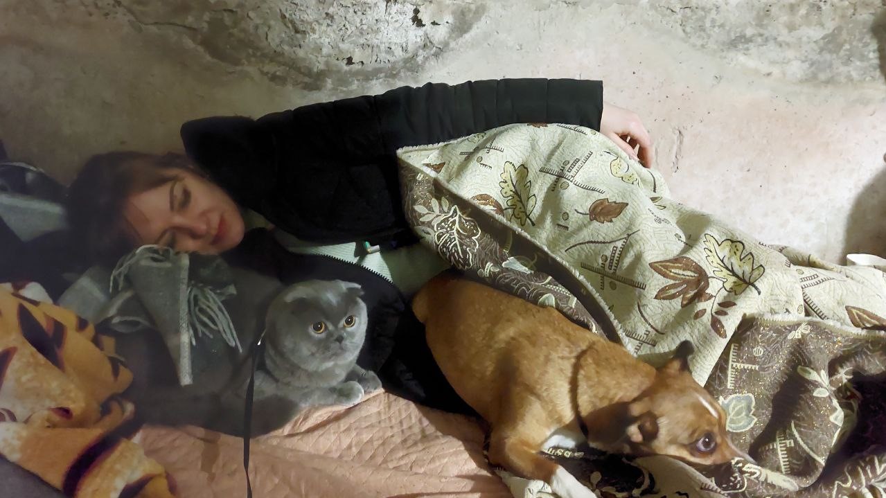 Kvinde sover med hund og kat