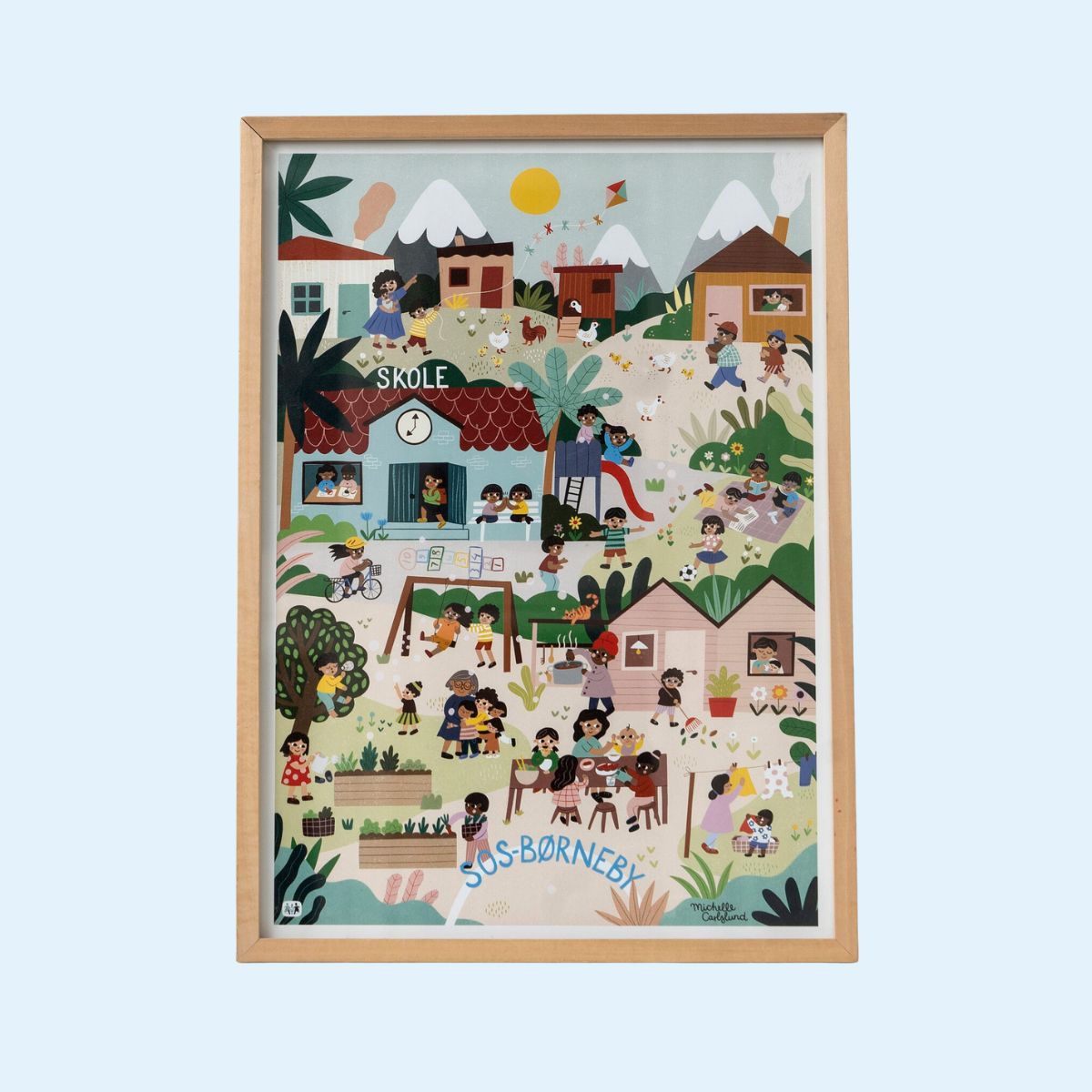 Plakat med illustration af SOS Børnebyernes arbejde