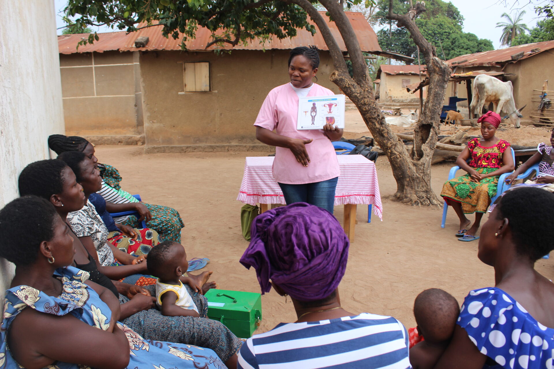 Undervisning om graviditet, reproduktiv sundhed og ernæring er også en del af indsatsen. Her lærer kvinder fra en låne-sparegruppe om familieplanlægning. Kvinder sidder i gruppe i landsby, Togo